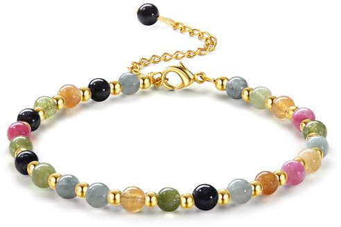 Adramata Perlen Armband für Damen 5MM Naturstein Armbänder 3MM Edelstahl Perlenarmbänder Verstellbare Vergoldete Armband Edelsteine Boho Armband Perlenarmband Damen Schmuck mit Geschenkbox