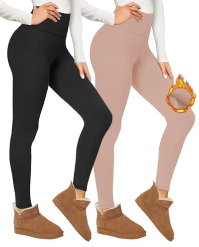 CAMPSNAIL 2er Pack Thermo Leggings Damen Im Winter, Gefüttert High Waist Thermohose Dicke Warm Fleece Leggins Blickdicht Für Sport (Schwarz/Hautfarbe,S-M)