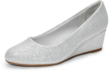 DREAM PAIRS Escarpins à talons compensés fermés à bout rond pour femme - Confortables à enfiler - Chaussures de travail ou de mariage, Argent, 8.5