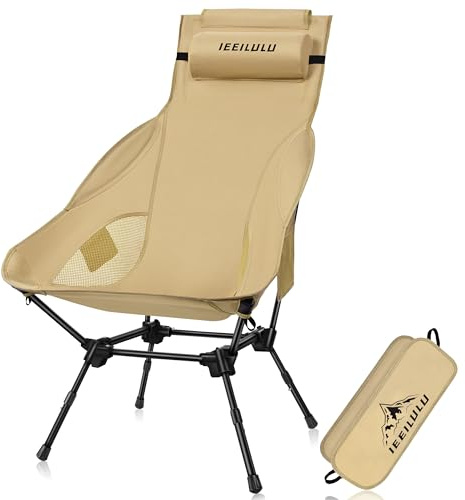 IEEILULU Silla Camping Respaldo Alto, Silla Camping Plegable con Reposacabezas y 2 Bolsillos Laterales, Carga 130kg, Altura Regulable, Silla de Pesca para Exteriores Acampada y Playa (Marrón)