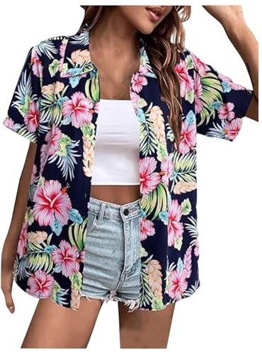 Hawaii Bluse Damen Kurzarm Strandshirt Fronttasche Party Outfit Mit Hawaiihemd-Print Casual Hemdbluse Shirt Tops