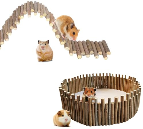 Dinhauyon Hamster Suspension Bridge Toy,Hamster Wooden Fence,50cm Toy Wood Ladder Natural Hideout Roller Teeth Molar Exercise for Dwarf Syrian Mice Mouse Gerbils and other Small Animals