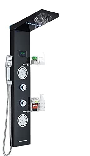 Panneau de douche, Ensemble de robinet de douche LCD panneau de douche LED salle de bain affichage numérique système de colonne de douche multifonction SPA Massage Jet avec étagère(Black 6001)