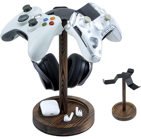 MyGift Industrial Matte Black Metal Headphone Stand with Burnt Wood Tray – Desktop Headset and Gaming Controller Holder for Office, Studio, or Console Setup