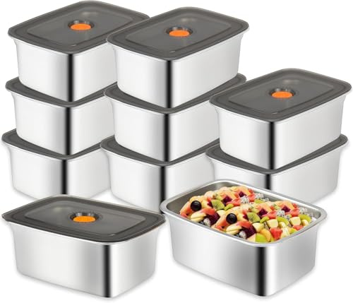 Malloom 10pcs Stainless Steel Containers With Lids,Food Storage Containers,Meal Prep Containers Reusable,Stainless Steel, Oven Freezer Dishwasher Safe,for Bread,Fruilts,Vegetables and Meat (1500ML)
