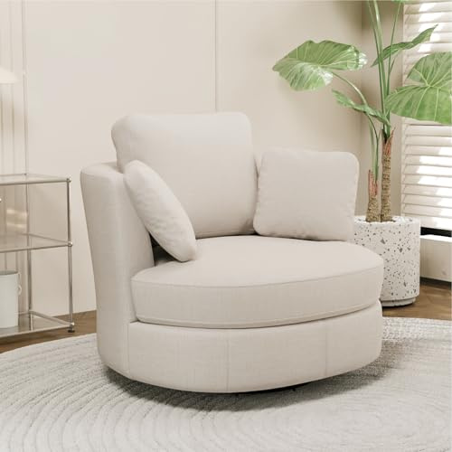 Chifee & Vingol 40.6 Oversized Swivel Accent Chair, Upholstered Round Barrel Chair with Pillows Swivel Chairs for Living Room Bedroom,Chenille,Beige
