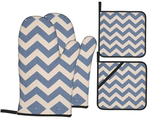Guanti da forno con stampa a righe blu e beige, resistenti al calore, antiscivolo, per barbecue, cucina, cottura al forno, grigliate