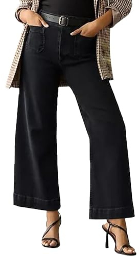 Generico Jeans Donna Cropped Gamba Larga Vita Alta Tinta Unita, Pantaloni Capri Denim Larghi Casual Morbidi Comodi per Primavera Estate