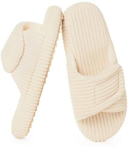 Pantofole Donna Memory Foam Ciabatte Velluto a Coste Regolabile Scarpe da Casa Antiscivolo Punta Aperta Slippers,Beige,41/42 EU