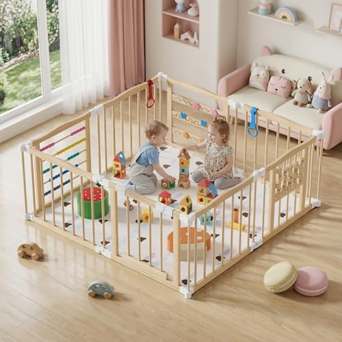 MSFE Baby Playpen Wooden,Parque Infantil Bebe Plegable con Puerta,Cierre de Seguridad y Paneles de Juego para Sala de Estar,Dormitorio y Guardería,8 Paneles,Tamaño Ajustable y Forma,Corralito Bebe