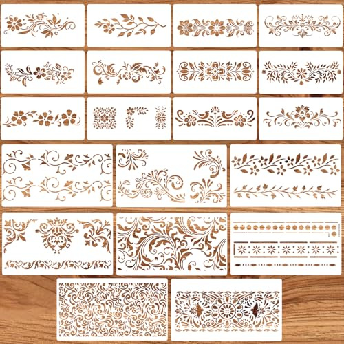 Juego de 20 plantillas vintage con motivos florales, plantillas reutilizables para pintar en madera, paredes, lienzos y muebles; plantillas de dibujo para manualidades DIY y decoración del hogar
