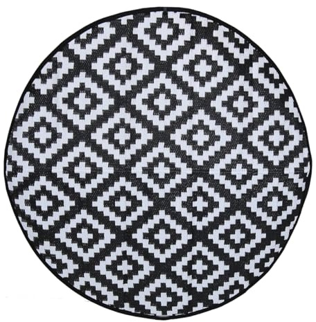 CHARLES BENTLEY Pattern Lightweight Weatherproof Indoor/Outdoor/Patio Plastic UV Resistant Medium Round Rug For Balcony Beach BBQ And More In Black (150x152)