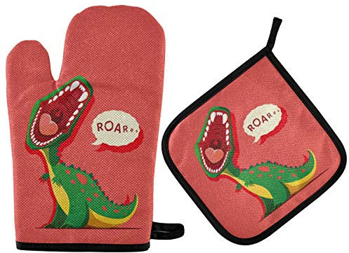 Mnsruu Gant de cuisine et manique en forme de dinosaure - Résistant à la chaleur - Pour la cuisine, la cuisson, le barbecue