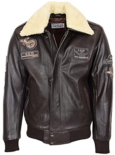 Giacca bomber da uomo in vera pelle con colletto staccabile, stile aviatore Pilot-N, Marrone, XL