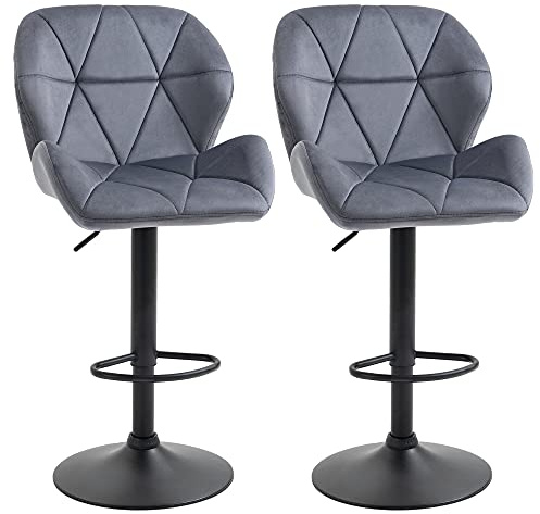 HOMCOM Set 2 Sgabelli da Bar con Altezza Regolabile Base in Metallo Seduta in Velluto, Sgabelli Cucina Alti Girevole con Schienale e Poggiapiedi, 51.5x57.5x93-114.5cm, Grigio