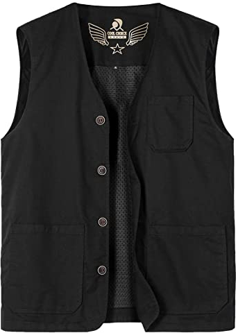 Yukirtiq Herren Outdoor Weste Sommer Fotograf Ärmellos Jacke Baumwolle Weste Golf Wandern Weste Safari Multifunktionsweste, Schwarz, XXL