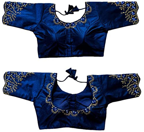 Pujia Mills Women's Silk Blouse with Embroidery Sequence Half Sleeves Ready Made