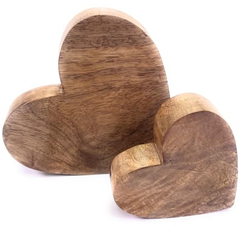 Marzoon 2er Set Dekoherzen aus Massivholz – 2,5 cm Dicke Rustikale Holz Herzen in 15cm & 10cm – für Dekoration – große Holzherzen stehend – Mango Holz