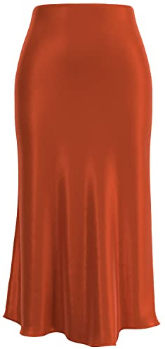 comefohome Brown Skirts for Women UK High Hidden Elasticated Waist Satin Midi Ladies Summer Work Party Skirt XS