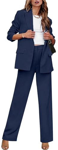 luvamia 2 Piece Outfits for Women Dressy Blazer Jackets High Waisted Straight Leg Pants Suits Set Business Casual Office Two Piece Outfits for Women Dressy Pant Suits Womens Wide Leg Pants Navy Blue
