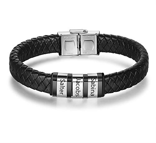 Glooraca Bracciali personalizzati con nome maschile Bracciale in pelle a treccia con nomi incisi Bracciale con nome personalizzato per i regali del padre e del marito (Silver+Black, 3 Names)