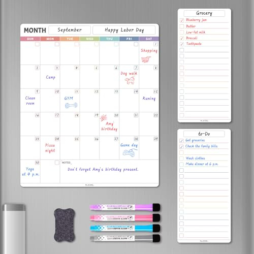 ALEZEL Calendario magnético de borrado en seco para refrigerador, calendario mensual vertical para nevera, incluye calendario de nevera y 2 pizarras blancas de lista, 4 marcadores + borrador