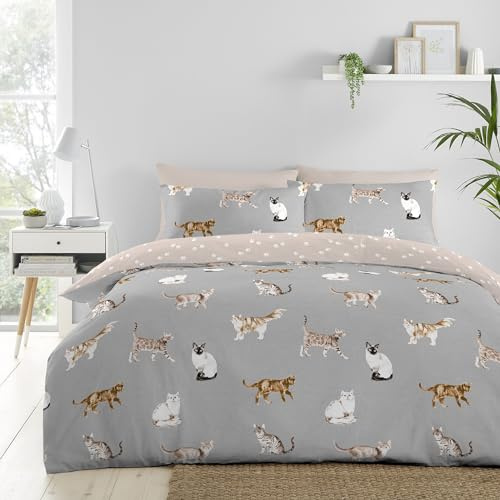 Fusion – grått kattpåslakan – sängkläder för enkelsäng (140 x 200 cm) – vändbar design (beige och grå) – påslakan med tassavtryck – kattgåvor för kvinnor – siamesiska, persiska, ragdolls och svarta