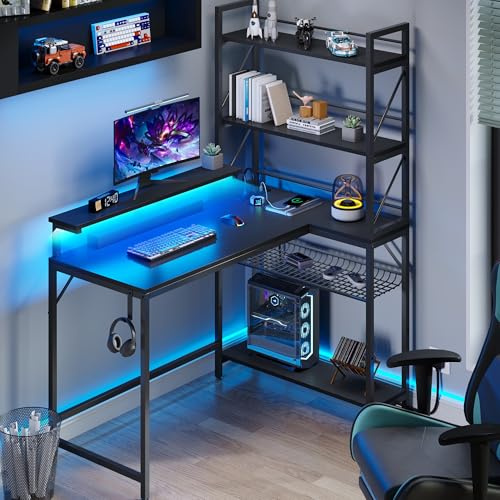 YITAHOME L-förmiger Gaming Tisch mit LED, Reversibel Gaming Schreibtisch mit Regal 2 Steckdosen und 2 USB, Kompakter Eckschreibtisch mit Monitorständer für Home Office, Kleine Räume 106 cm (Schwarz)