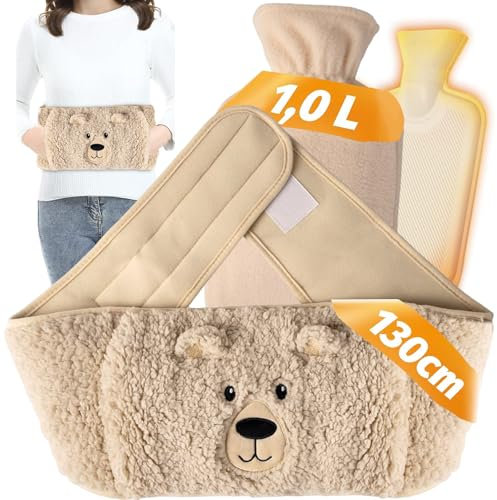 Pizsieat Borsa Dell'acqua Calda 3 In 1, 1L Borsa Acqua Calda Peluche in Gomma Naturale con 128cm Cintura Regolabile, Tenuta Stagna con Coperchio,Rimovibile, per Collo e Spalle,Schiena,Gambe,Vita Calda