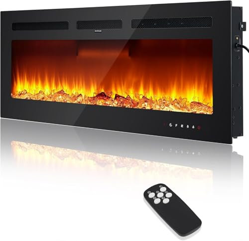 Electric Fireplace 60 Inch, Electric Fire Wall Mounted with 2 Heat Settings 900W/1800W, 12 Adjustable Flame Color, Recessed Fire Place, Remote Control & Touch Control, Includes Log and Crystal Set