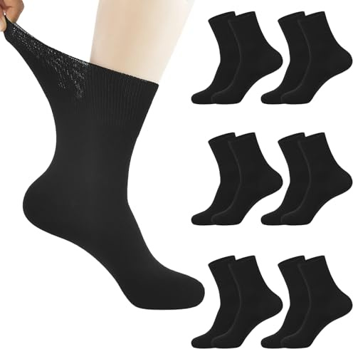 QILUCKY 6 pairs Extra Wide Loose Diabetic Socks, Elastic Diabetic Crew Socks, Seamless Toe loose fit, Diabetic Socks for Swollen Feet & Ankles (9-12)