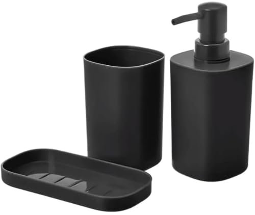 Envenzo Bathroom Set Accessories 3Pcs Soap dispenser Toothbrush Holder Cup Soap dish, Set of 3 Bathroom Accessories, Bathroom Decoration in PP, Modern and Practical Design (Black)