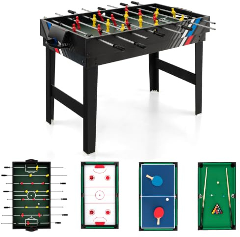 HOMASIS 4 en 1 Mesa Multijuego con Futbolín, Billar, Air Hockey y Ping Pong, Mesa de Juegos de Madera para Niños y Adultos, 125 x 97 x 83 cm, para Fiesta, Bar, Oficina