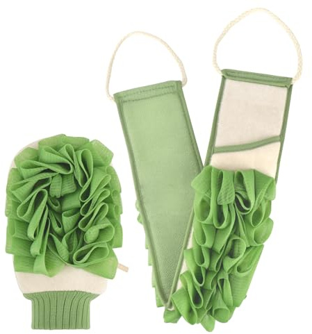 Homgaty Back Scrubber and Exfoliating Mitt Set - Dual-Sided Loofah Back Scrubber Strip & Bath Glove for Men and Women, Shower Scrubber with Exfoliating Net & Rough Textured Sides