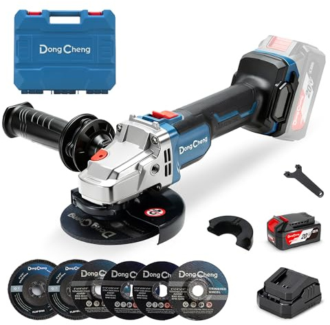DongCheng Akku Winkelschleifer 125mm, Bürstenloser Motor,Akku Flex Trennschleifer 20V,Schnellverschlussabdeckung, Anti-Vibrations-Griff, 2 Schleif-, 2 Fächer-, 2 Trennscheiben, 4.0Ah Akku & Ladegerät
