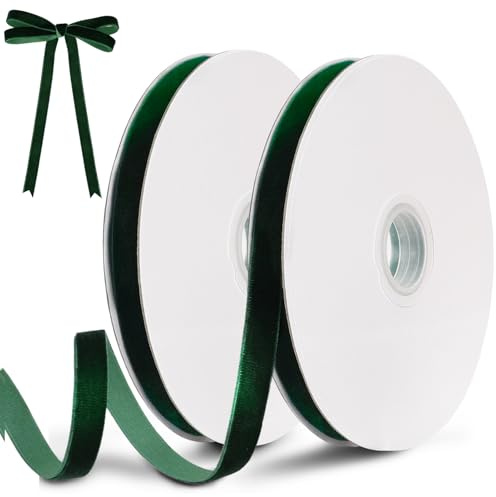 Green Velvet Ribbon, 10mm x 18m Soft Luxurious Velvet Ribbon for Gift Wrapping, Bouquets Bundling, Wedding Decoration Bows and Crafts