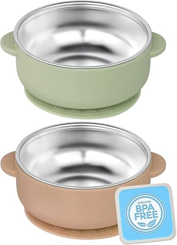 Freshmagis Piatti per Bambini in Acciaio Inox SUS304 con Ventosa, 2 Pezzi 2 in 1 Silicone Smontabile, Forte Aspirazione, Anti-Scottatura Atossico, Ideali per Cereali e Snack