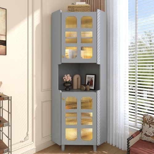 HMHKHN Credenza, libreria, armadietto ad angolo con strato di vernice e illuminazione a LED, pannello MDF, per studio, soggiorno, sala da pranzo, 154 × 63,5 × 157,5 cm (grigio)