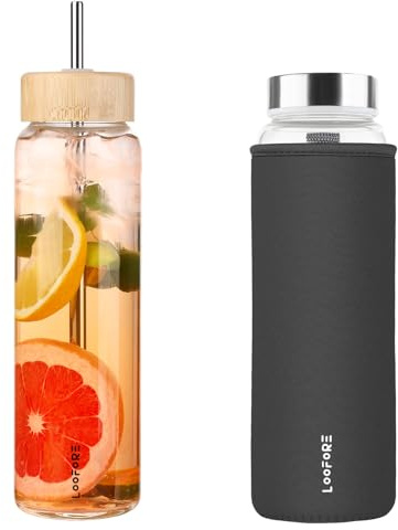 LOOFORE Borraccia Vetro 1 Litro con Cannuccia, Borraccia in Vetro Borosilicato con 2 Coperchi (Coperchio in Bambù e Acciaio Inossidabile), senza BPA, Prova di Perdite per Campeggio (Grigio Scuro)