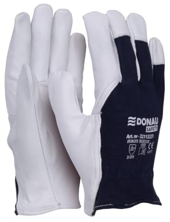 DONAU SAFETY arbetshandskar i läder med elastisk handled/storlek 11/XXL/1 par/vit-mörkblå/monteringshandskar/mjuk och bekväm skyddshandske av getläder och polyestertyg