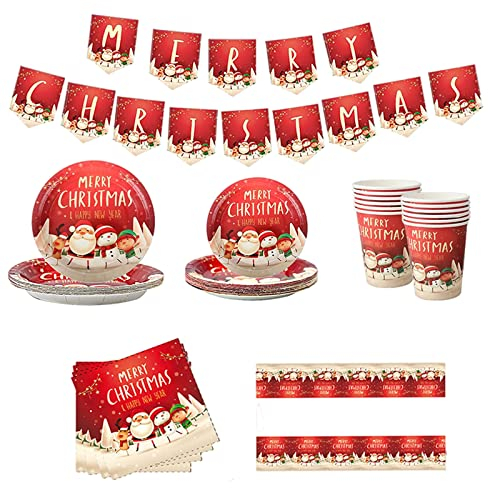 Set de Vajilla para Fiesta de Navidad 16 Invitados,de Mesa Navideña - Juego de Vajilla con Mantel, Servilletas, Pancarta de Navidad, Platos y Vasos de Papel para Suministros y Decoración