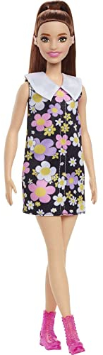 Barbie Fashionistas, Puppe mit Hörgerät, brauner Pferdeschwanz mit Blumenkleid, rosa Schuhe, inkl Puppe, Geschenk für Kinder, Spielzeug ab 3 Jahre,HBV19