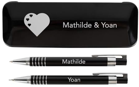 Ocadeau Coffret stylo bille et un porte mine noir à personnaliser – Plumier aluminium couleur noir avec texte gravé sur stylos et coffret