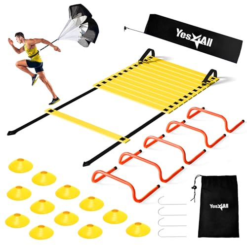 Yes4All Speed Training Equipment Set: 15ft Agility Ladder, Resistance Parachute, 5 Agility Hurdles, 12 Disc Cones with Carry Bag/Strap