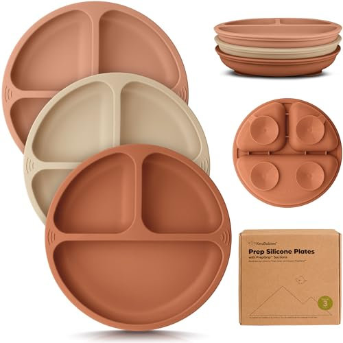 Assiettes pour enfants KeaBabies, lot de 3, 100% silicone, sans BPA, avec ventouses, divisées en compartiments, micro-ondable (Terracotta)
