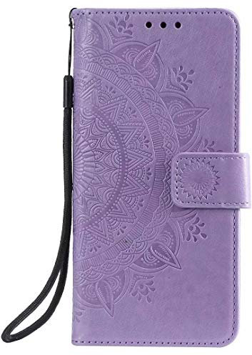 Protective iPhone XR Wallet Case - Flip, Shockproof PU Leather Card Holder, Mandala Magnetic Stand Cover, Purple