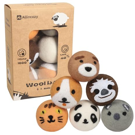 ALLINCOZY Dryer Balls - Eco-Friendly Fabric Softener, Reusable, Minimizes Wrinkles and Shortens Drying Time. The Superior Alternative to Plastic Balls and Liquid Softener. Animal (Pack of 6)