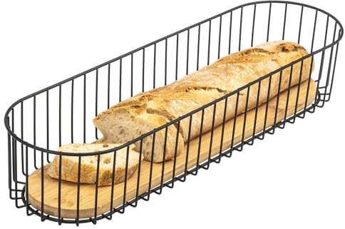 eluno Cuenco de alambre con base de bambú, cesta de alambre multiusos, frutero, cesta de pan, cesta para panecillos, cesta larga para baguette (negro)
