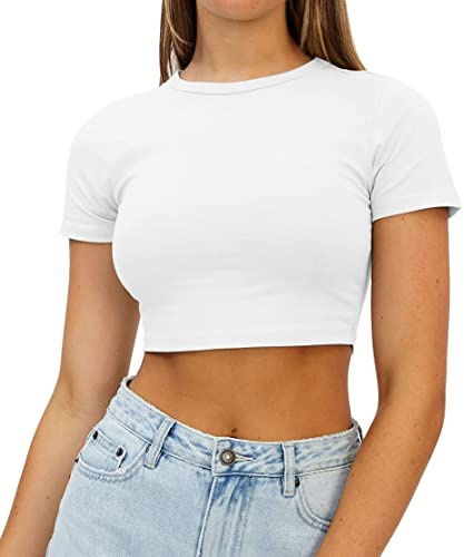 AirMood Womens Crop Summer Tee Tops Short Sleeve Casual Cropped Tshirt (White,M)