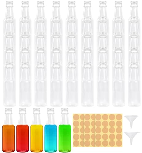 Liwein Lot de 50 petites bouteilles de 50 ml en plastique à remplir avec couvercle, entonnoir et étiquette pour liqueur, Noël, mariages